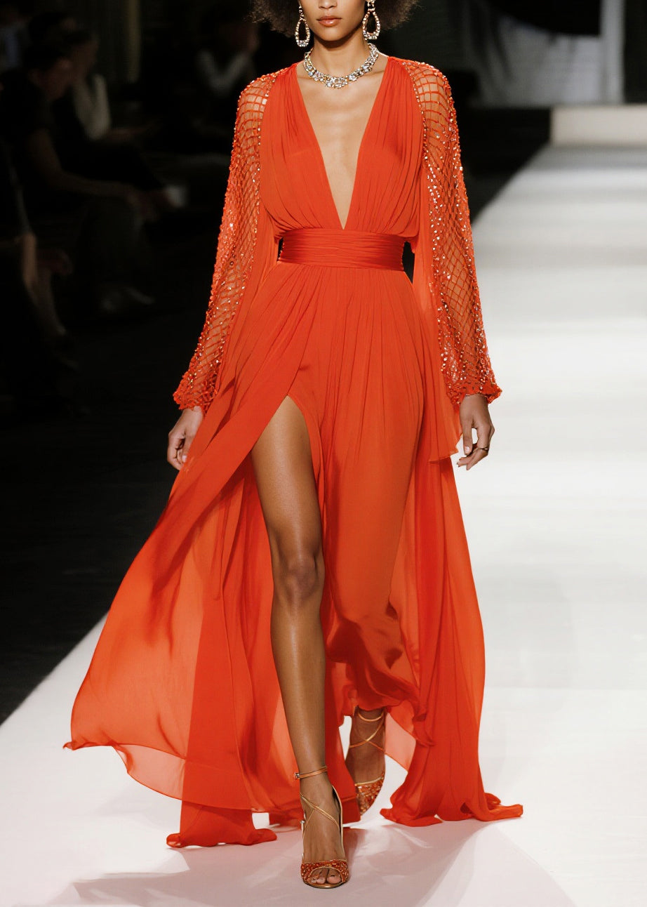 French Red Exra Large Hem Side Open Patchwork Mesh Chiffon Party Dresses Summer