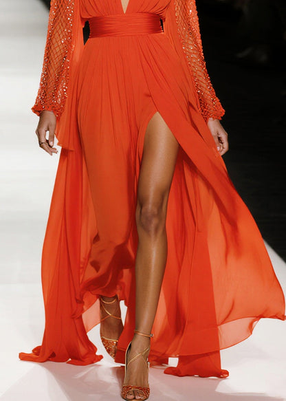 French Red Exra Large Hem Side Open Patchwork Mesh Chiffon Party Dresses Summer