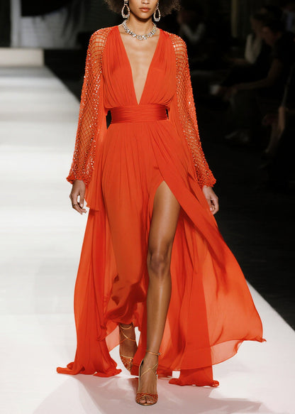 French Red Exra Large Hem Side Open Patchwork Mesh Chiffon Party Dresses Summer