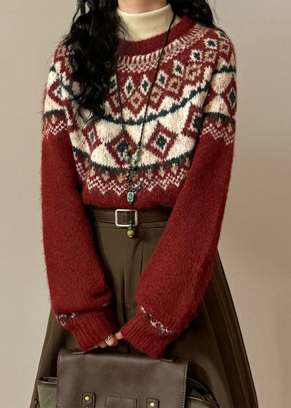 French Red Geometric Cozy Knit Coats Spring