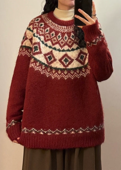 French Red Geometric Cozy Knit Coats Spring