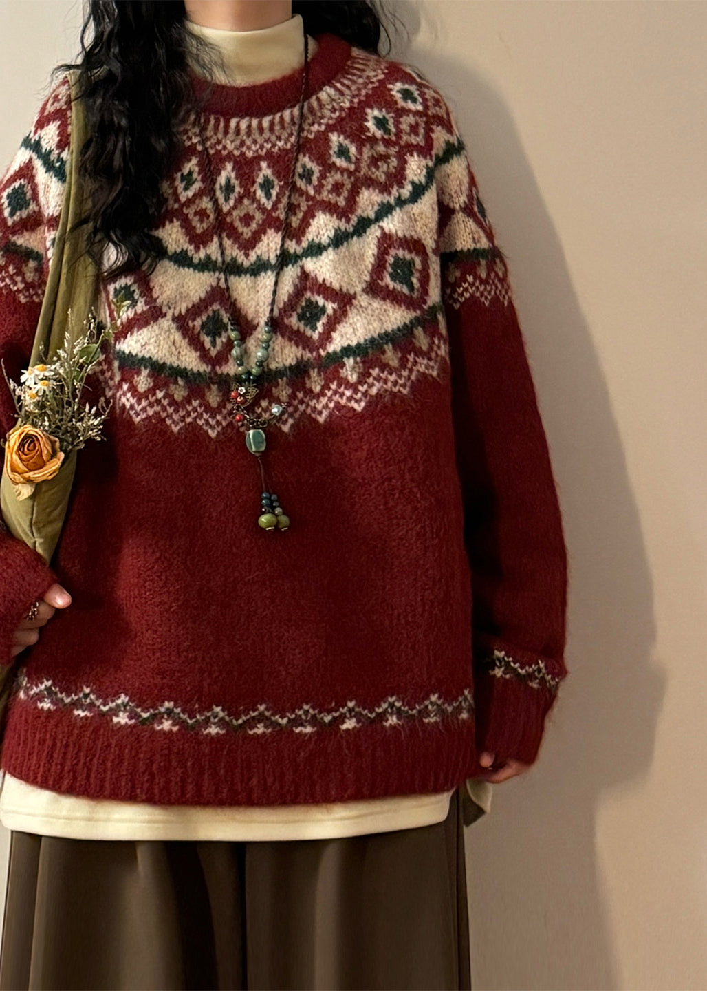 French Red Geometric Cozy Knit Coats Spring