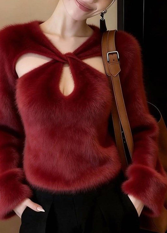 French Red Hollow Out Thick Mink Velvet Top Lantern Sleeve