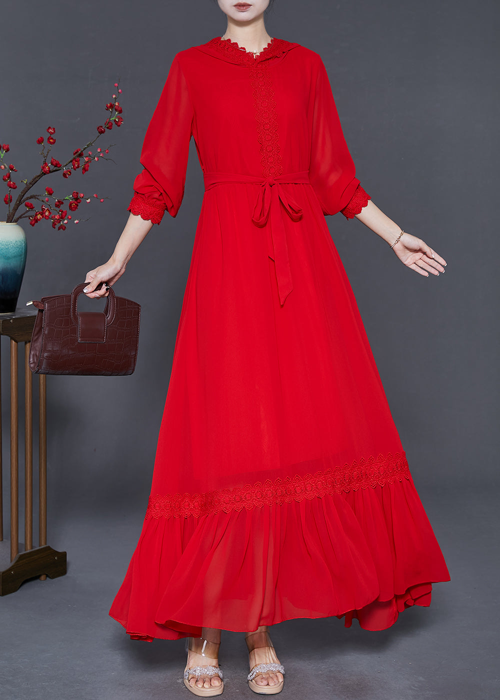 French Red Hooded Patchwork Lace Robe Dresses Spring