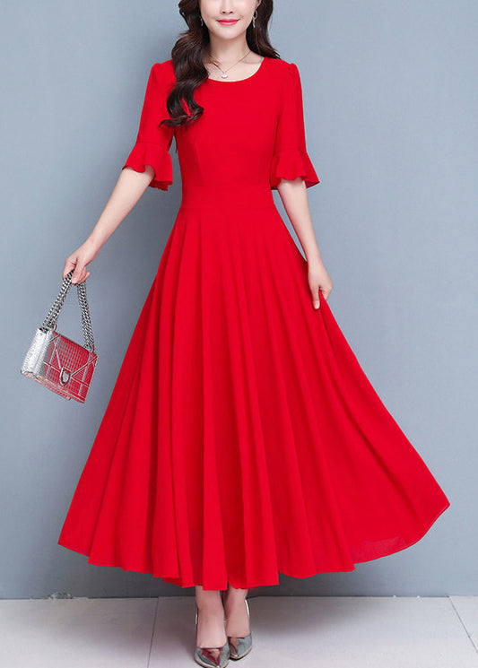 French Red O-Neck Patchwork High Waist Solid Maxi Dress Summer