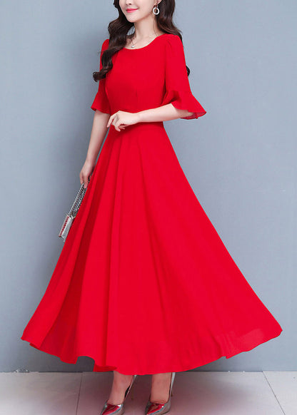 French Red O-Neck Patchwork High Waist Solid Maxi Dress Summer