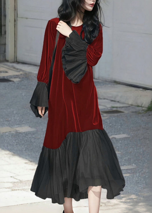 French Red O-Neck Patchwork Silk Velvet Long Dress Flare Sleeve