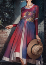 Load image into Gallery viewer, French Red O Neck Print Patchwork Cotton Maxi Dresses Long Sleeve