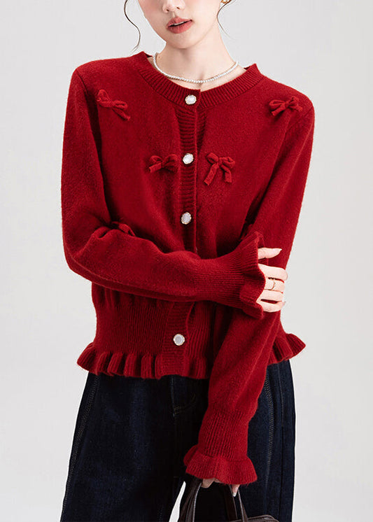 French Red O Neck Ruffled Bow Knit Cardigans Winter