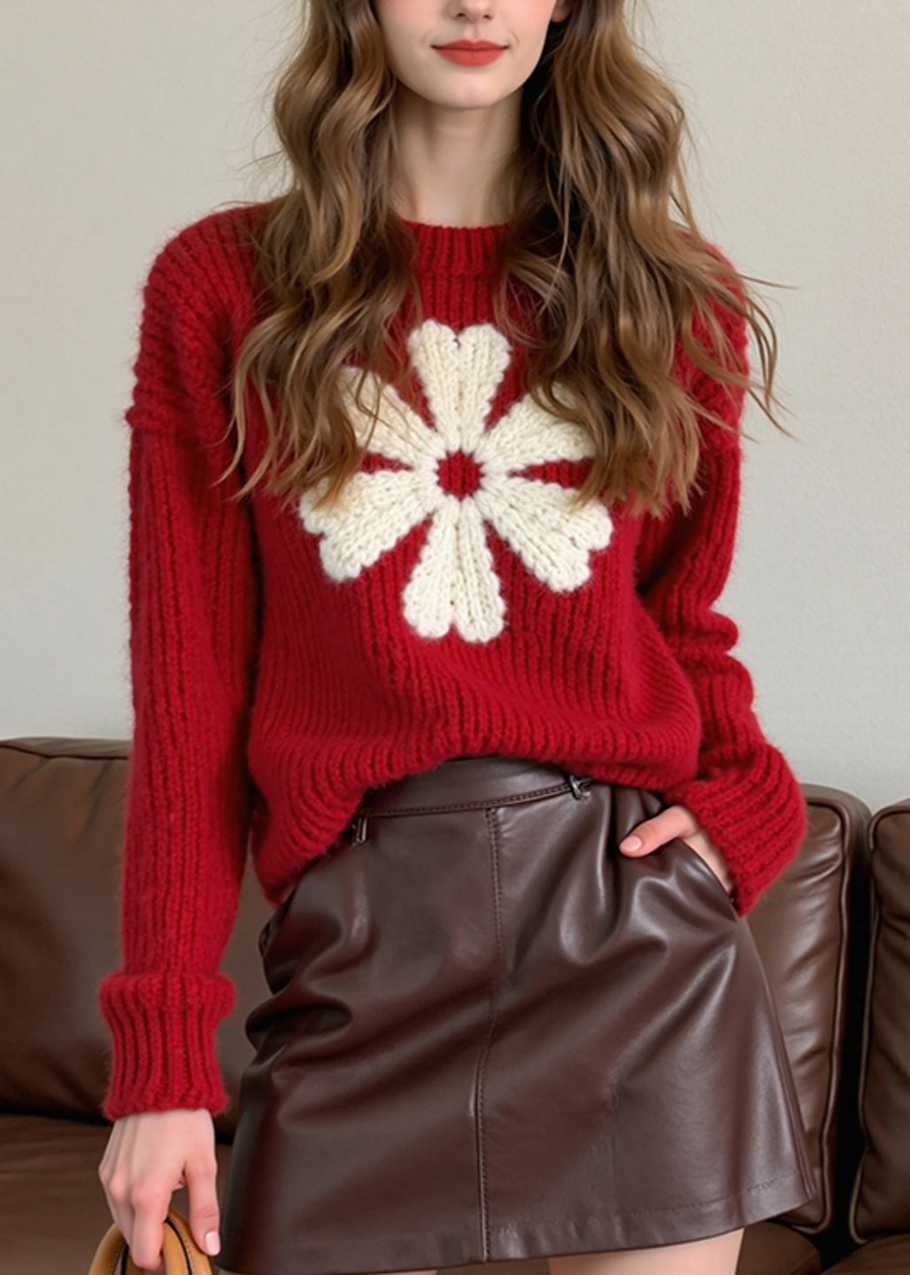 French Red O Neck Thick Floral Knit Sweaters Winter