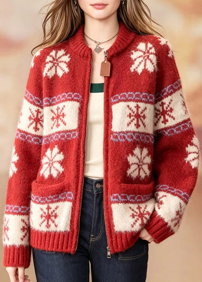 French Red O-Neck Zippered Patchwork Cotton Knit Cardigans Long Sleeve