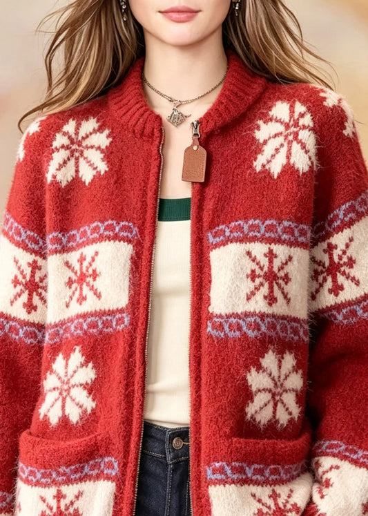 French Red O-Neck Zippered Patchwork Cotton Knit Cardigans Long Sleeve