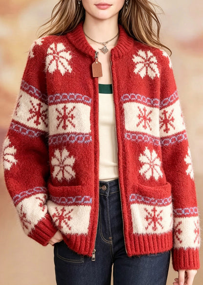 French Red O-Neck Zippered Patchwork Cotton Knit Cardigans Long Sleeve