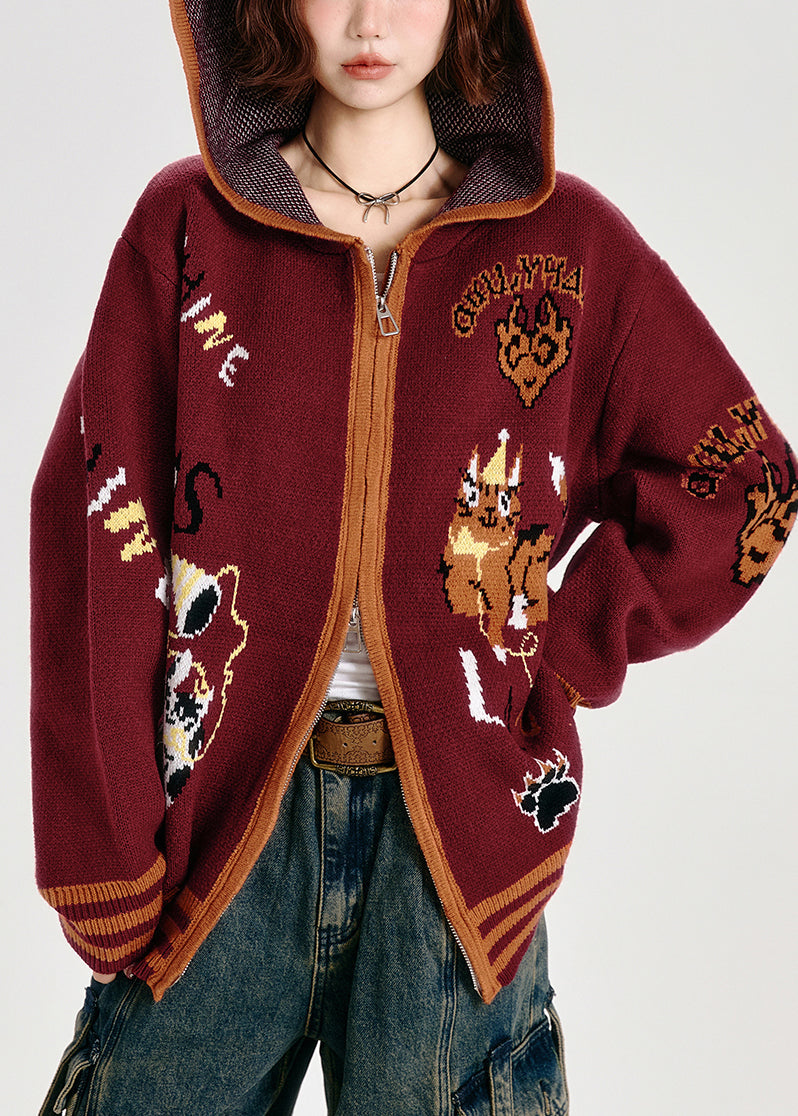 French Red Oversized Animal Jacquard Knit Hoodies Outwear Spring