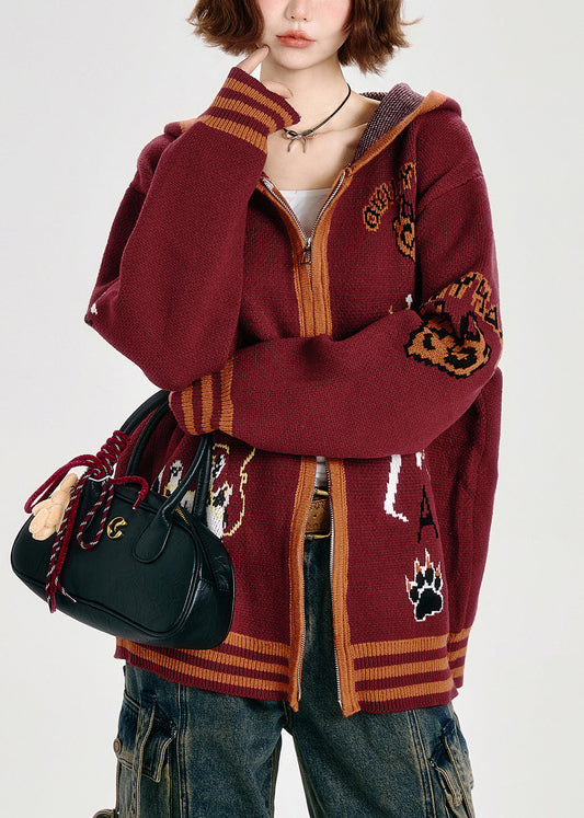 French Red Oversized Animal Jacquard Knit Hoodies Outwear Spring