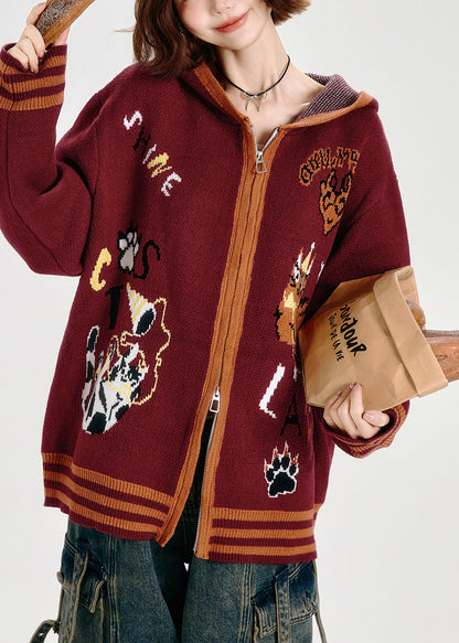 French Red Oversized Animal Jacquard Knit Hoodies Outwear Spring
