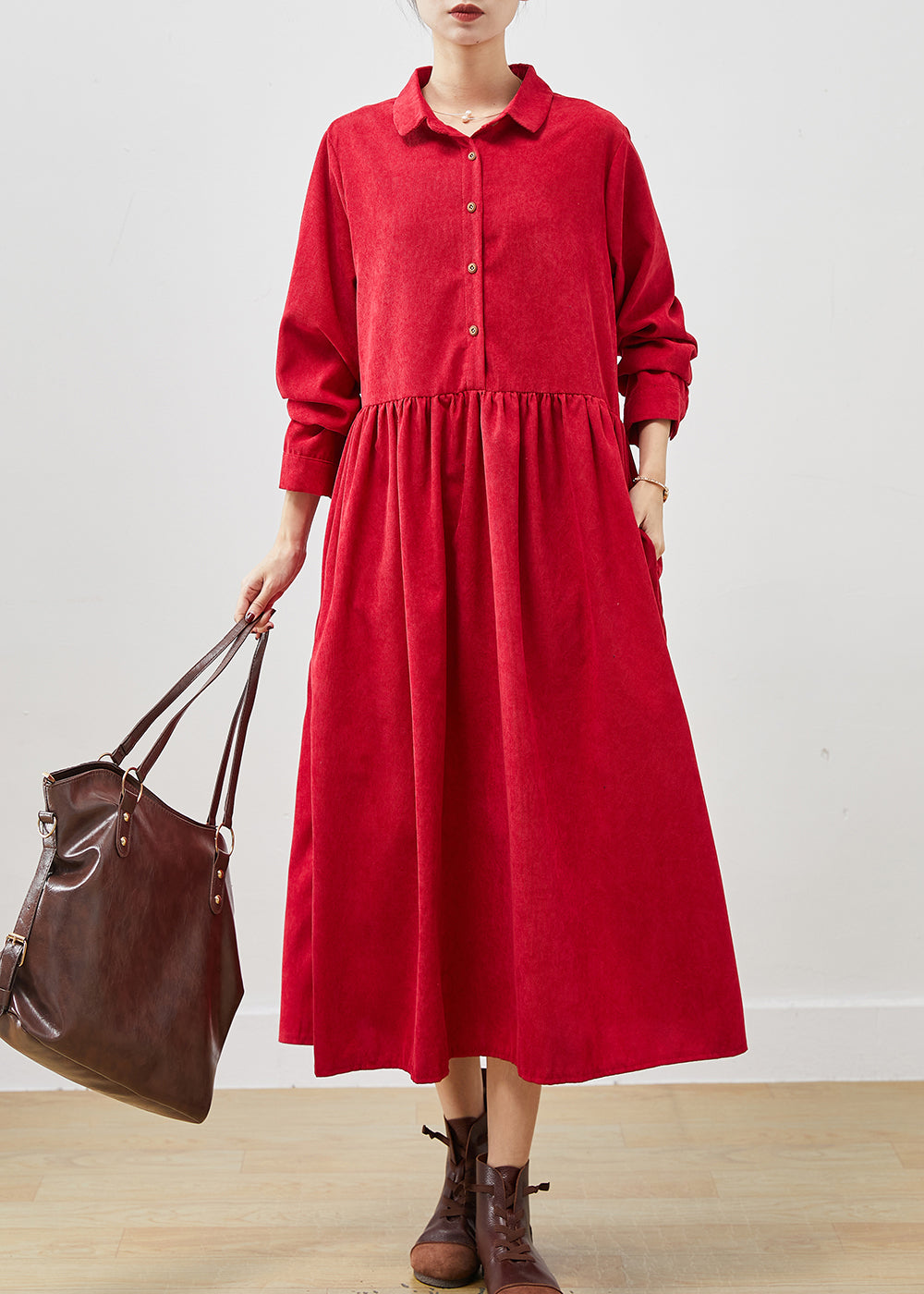 French Red Oversized Exra Large Hem Corduroy Long Dress Spring