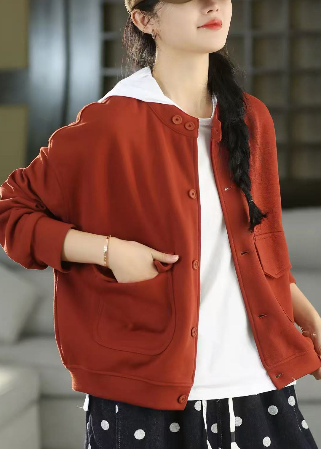 French Red Oversized Pockets Cotton Coat Fall