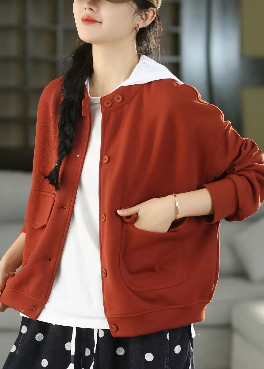 French Red Oversized Pockets Cotton Coat Fall