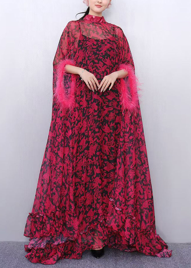 French Red Oversized Print Chiffon Eyelash Dresses Two Piece Set Summer