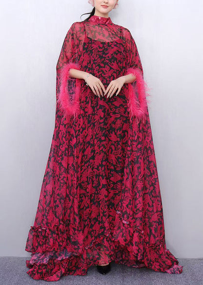 French Red Oversized Print Chiffon Eyelash Dresses Two Piece Set Summer