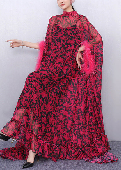 French Red Oversized Print Chiffon Eyelash Dresses Two Piece Set Summer