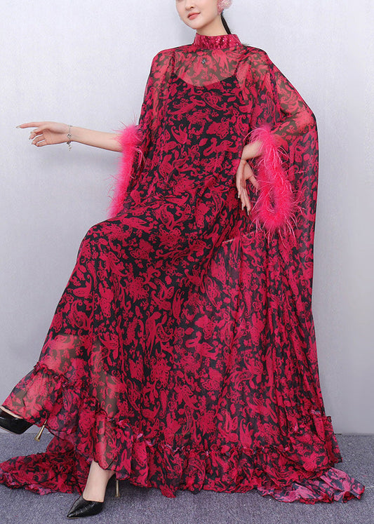 French Red Oversized Print Chiffon Eyelash Dresses Two Piece Set Summer