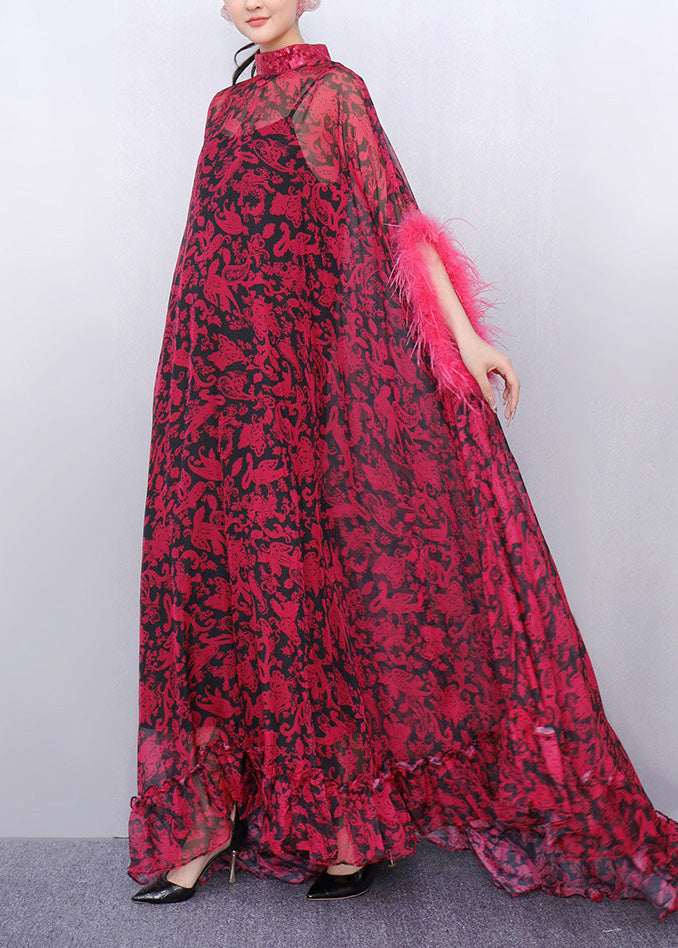 French Red Oversized Print Chiffon Eyelash Dresses Two Piece Set Summer