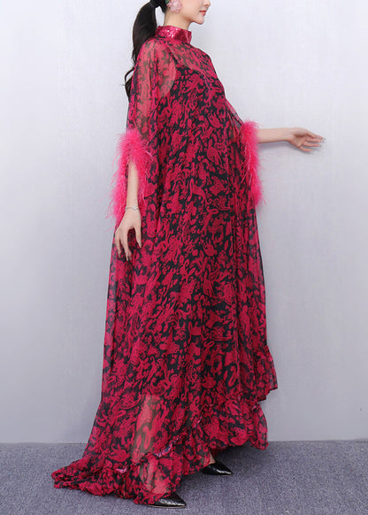 French Red Oversized Print Chiffon Eyelash Dresses Two Piece Set Summer