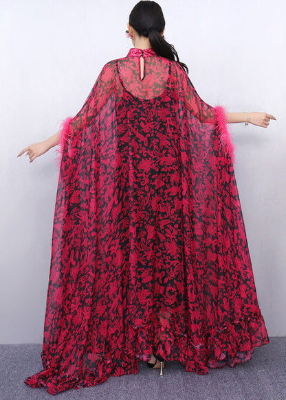 French Red Oversized Print Chiffon Eyelash Dresses Two Piece Set Summer