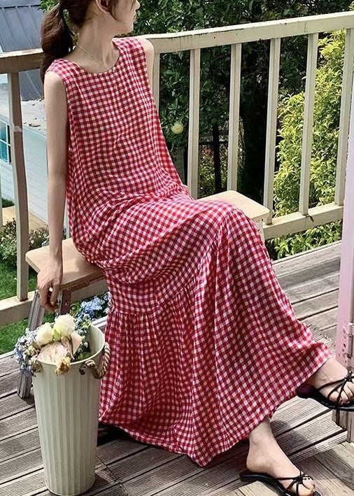 French Red Plaid Wrinkled Cotton Maxi Dress Sleeveless