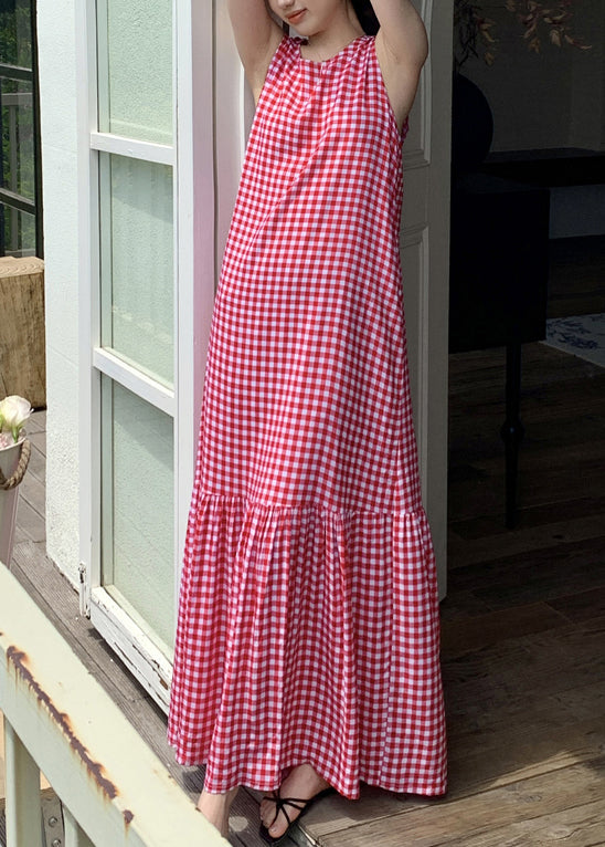 French Red Plaid Wrinkled Cotton Maxi Dress Sleeveless