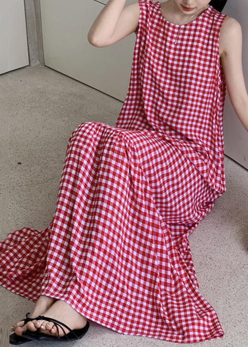 French Red Plaid Wrinkled Cotton Maxi Dress Sleeveless