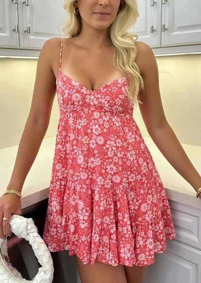 French Red Print Patchwork Mid Long Dress Summer