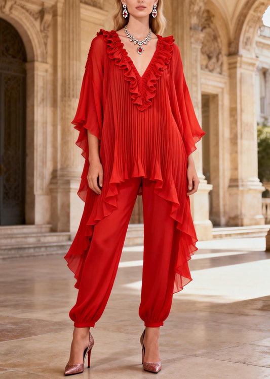 French Red Ruffled Asymmetrical Design Silk Two Pieces Set Summer