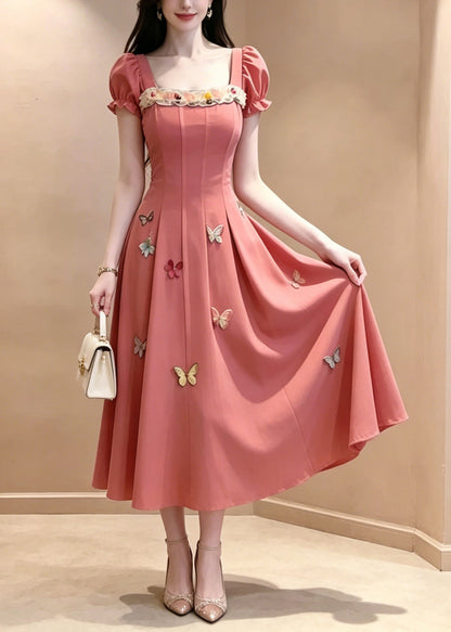 French Red Square Collar Butterfly Maxi Dress Summer