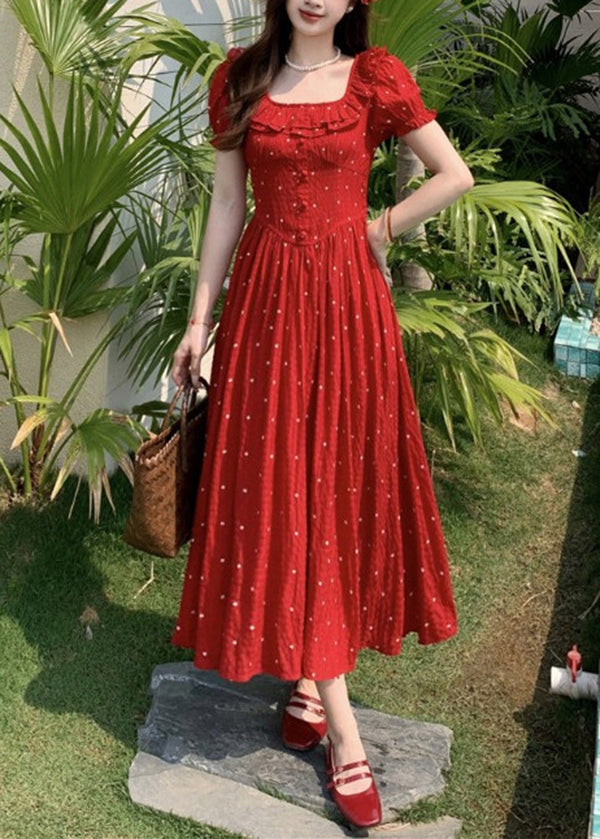 French Red Square Collar Ruffled Dot Print Cotton Dresses Summer
