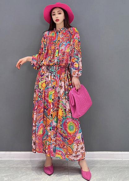 French Red Stand Collar Button Print Chiffon Vacation Dresses Lantern Sleeve