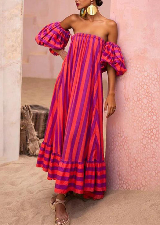 French Red Strapless Striped Cotton Dress Puff Sleeve