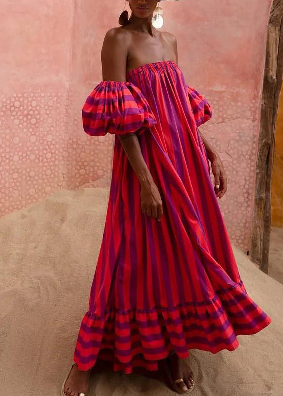 French Red Strapless Striped Cotton Dress Puff Sleeve