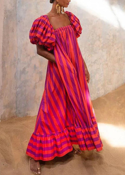French Red Strapless Striped Cotton Dress Puff Sleeve