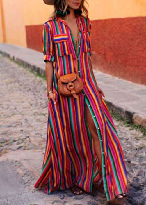 French Red Striped Button Cotton Shirts Dresses Summer