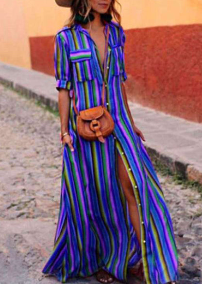 French Red Striped Button Cotton Shirts Dresses Summer