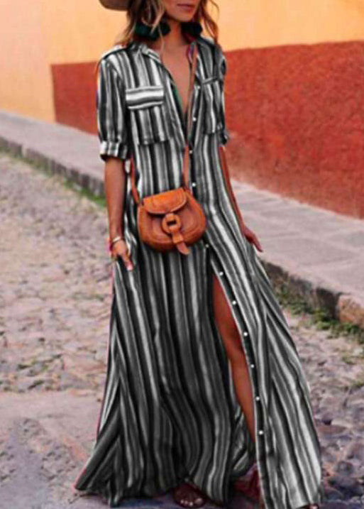 French Red Striped Button Cotton Shirts Dresses Summer