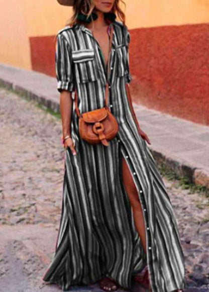 French Red Striped Button Cotton Shirts Dresses Summer