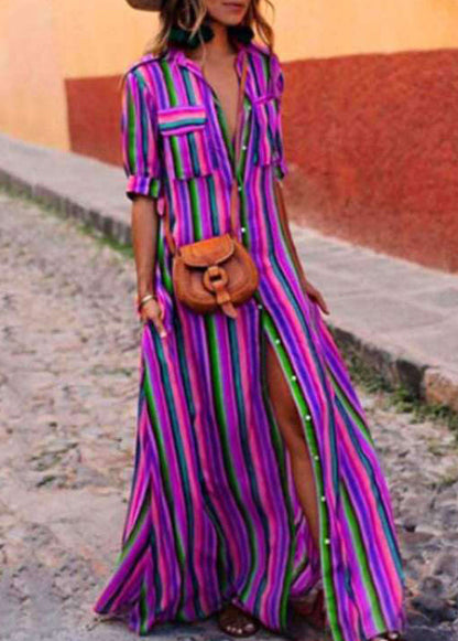 French Red Striped Button Cotton Shirts Dresses Summer