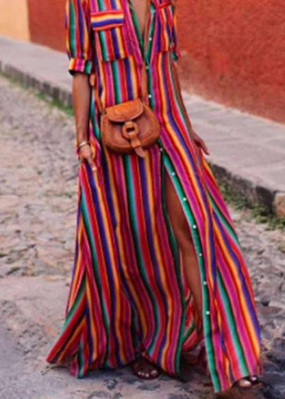 French Red Striped Button Cotton Shirts Dresses Summer