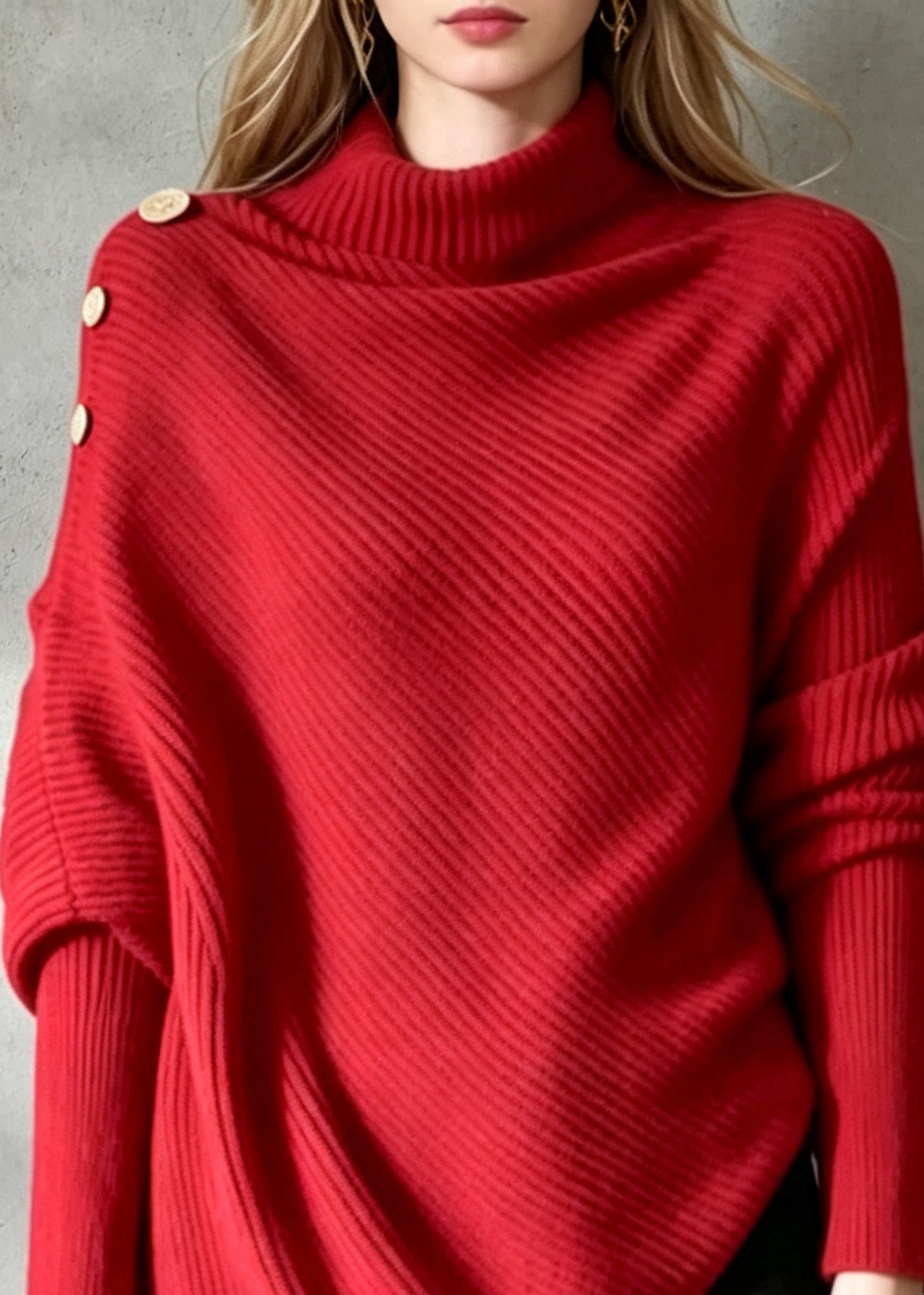 French Red Turtleneck Asymmetrical Knit Pullover Long Sleeve