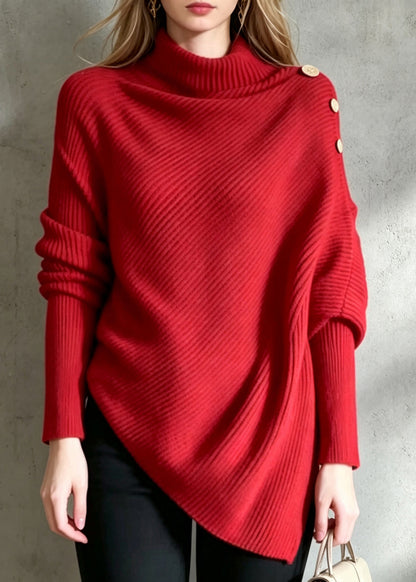 French Red Turtleneck Asymmetrical Knit Pullover Long Sleeve