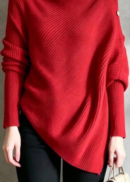 French Red Turtleneck Asymmetrical Knit Pullover Long Sleeve